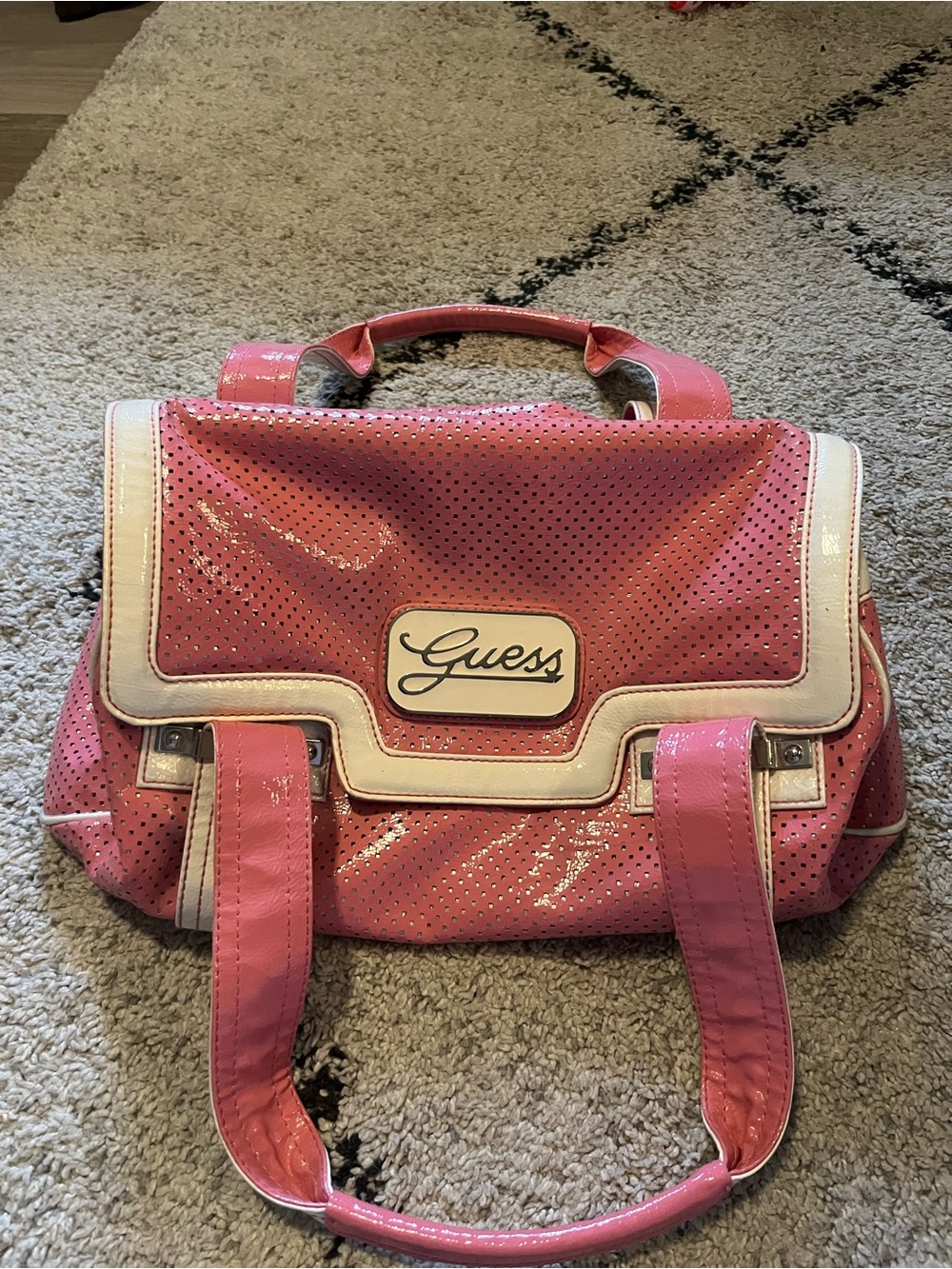 Guess Pink Patent Satchel with Cream Trim